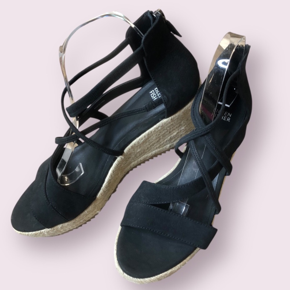 Eileen Fisher Black Lace-Up Espadrille Wedge Sandals